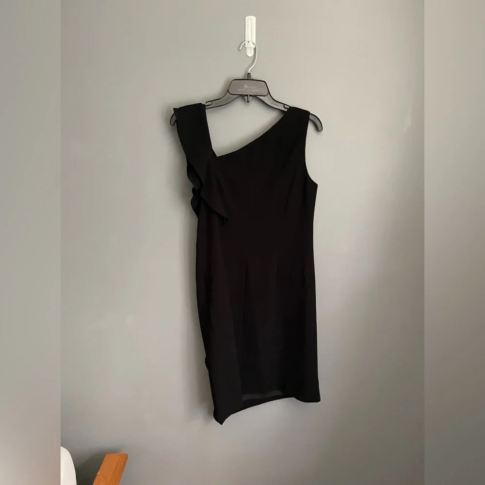 Rickie Freeman for Teri Jon Black Swirled Ruffled Sheath Dress Size 8 - Picture 3 of 6